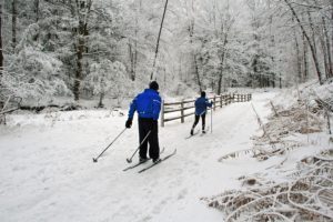 couple cross-country skiing on romantic trail