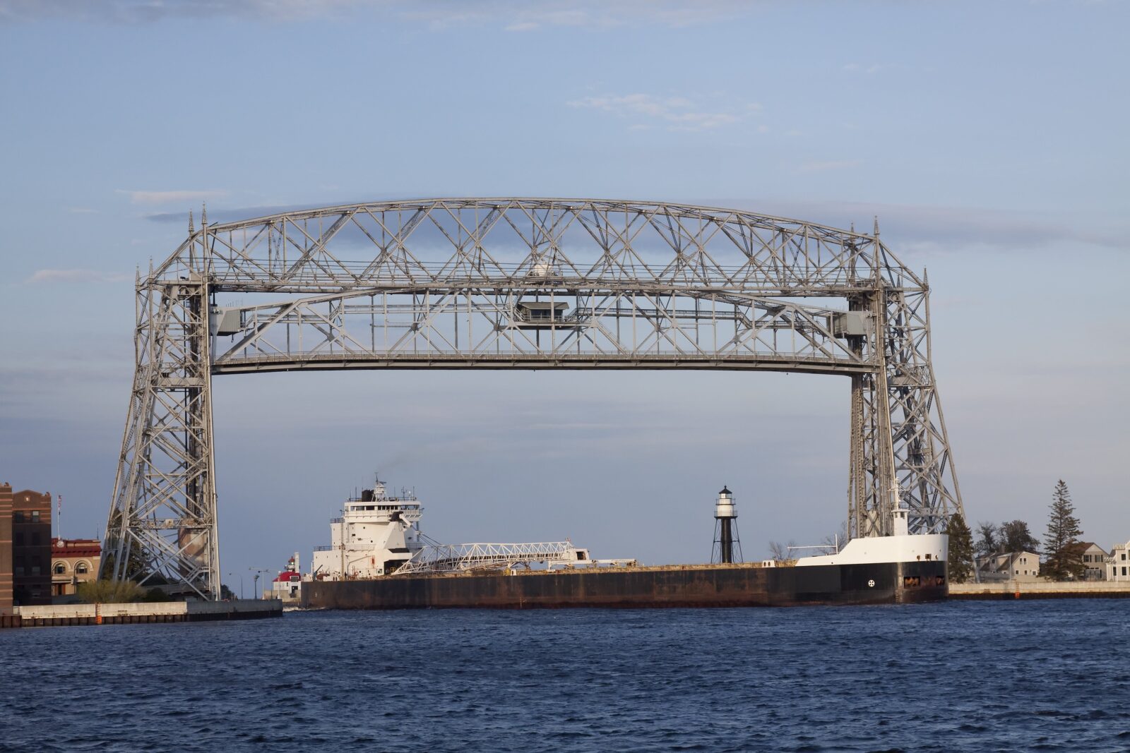 Duluth aerieal lift bridge as ship passes under.