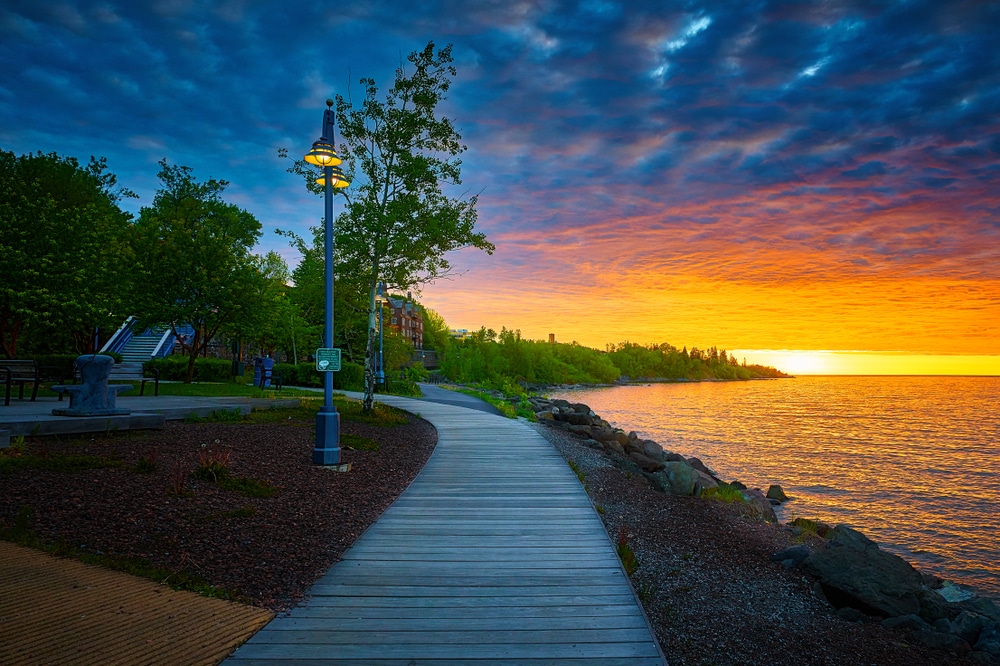 Things to do in Duluth, photo of the lake walk in Canal Park at sunset 
