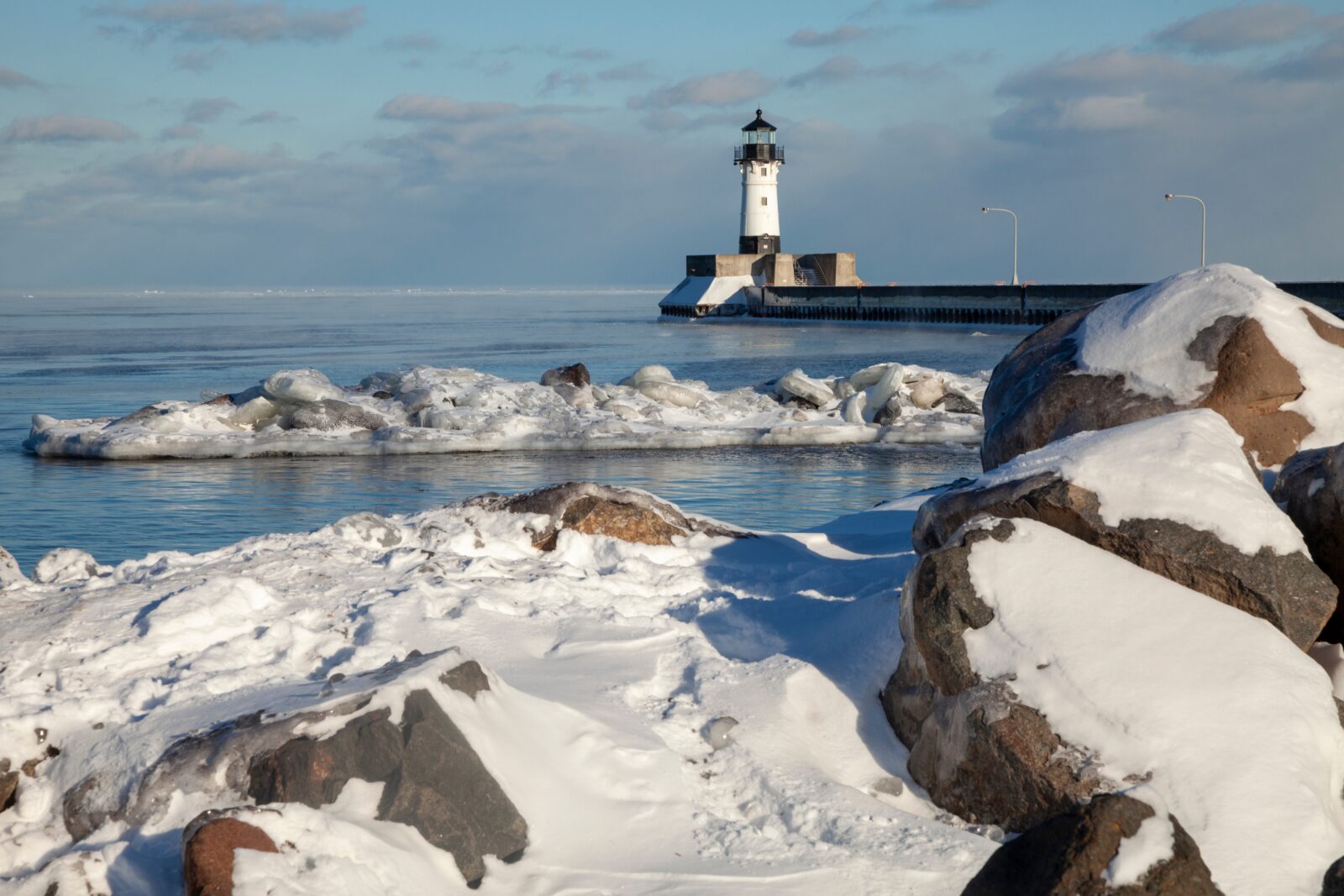 The North Pier Lighthouse during winter. Visit on Valentine's Day Getaways.