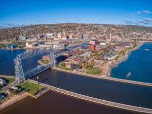 Aerial View of Canal Park and the aerial lift bridge in Duluth MN, one of the best things to do in Canal Park.